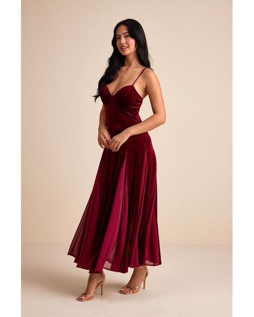 Lulus Elisha And Velvet Pleated Midi Dress in Red | Lyst