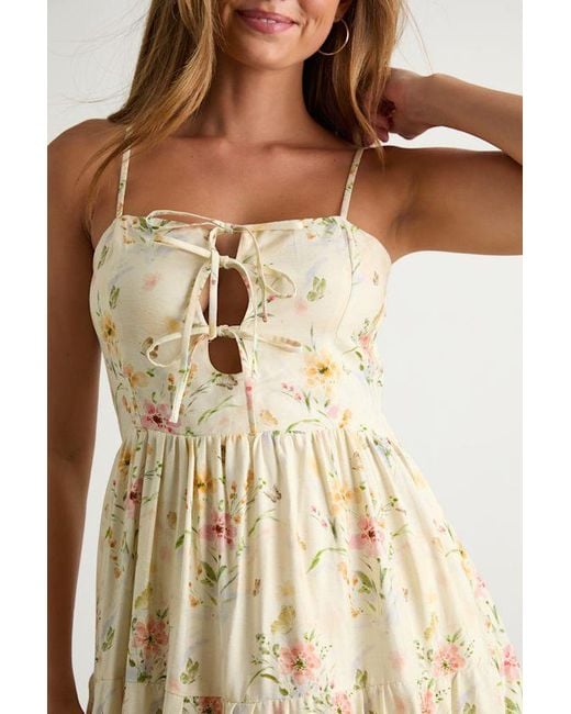 Lulus Natural Nattie Pale Floral Tie-Front Tiered Midi Dress