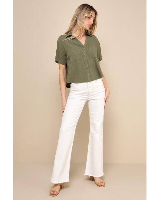 Lulus Green Summer Escapades Linen Collared Button-Up Top