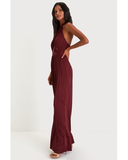 Lulus Red Confident Impression Satin Pleated Halter Jumpsuit