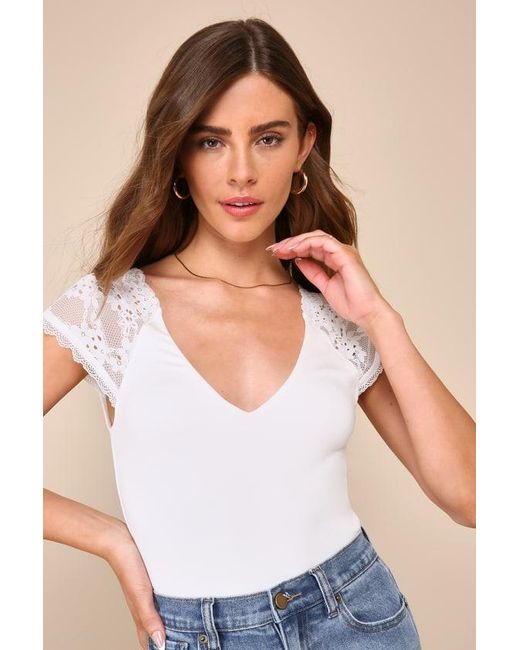 Lulus White Gorgeous Inclination Lace Cap Sleeve V-Neck Bodysuit