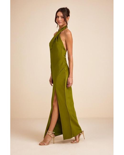 Lulus Green Daney Satin Cross-Front Halter Maxi Dress