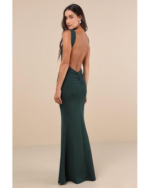 Lulus Blue Alluring Temptation Emerald Backless Ruched Mermaid Maxi Dress