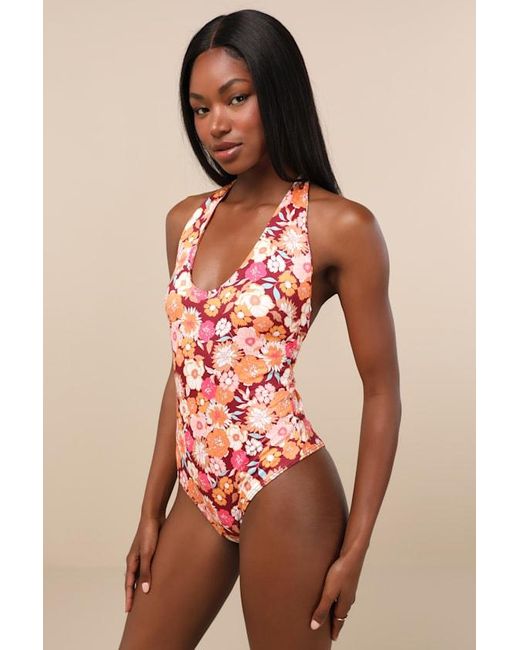 Lulus Orange Boldly Blooming Floral Print Halter Bodysuit