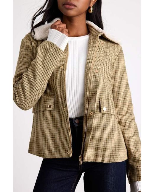 Lulus Natural Bertie Plaid Tweed Faux Fur Collar Jacket