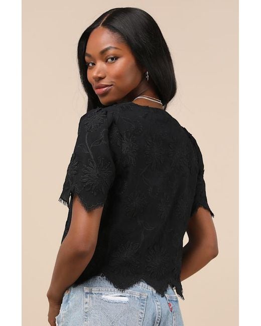Lulus Black Vintage Aesthetic Embroidered Tie-Front Fringe Hem Top