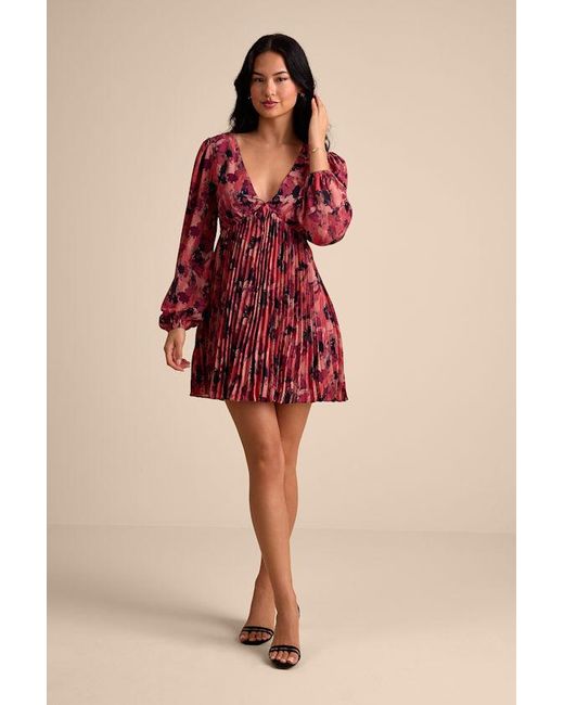 Lulus Red Lowri Multi Abstract Long Sleeve Babydoll Mini Dress