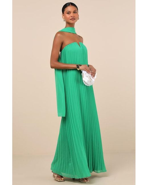 Lulus Green Lael Pleated Strapless Dress And Scarf Set