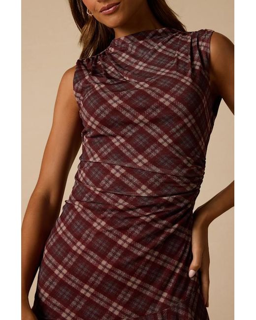 Lulus Red Selvia Plaid Ruched Mesh Mini Dress