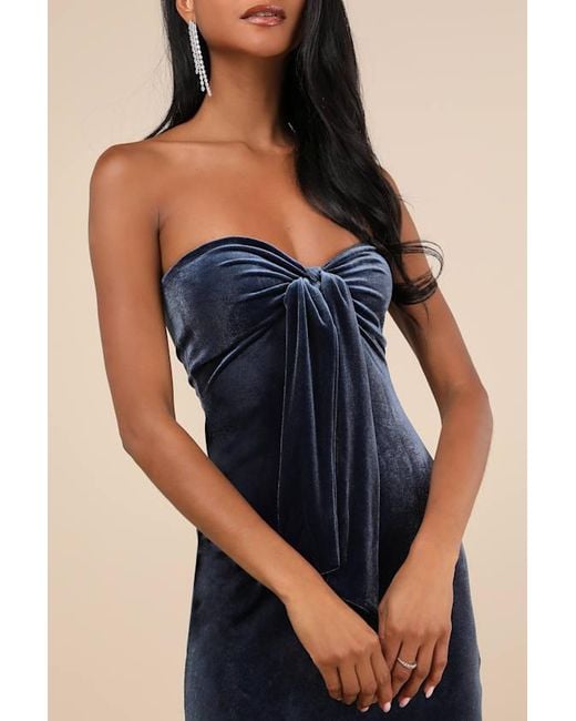 Lulus Blue Divine Existence Velvet Tie-Front Strapless Maxi Dress