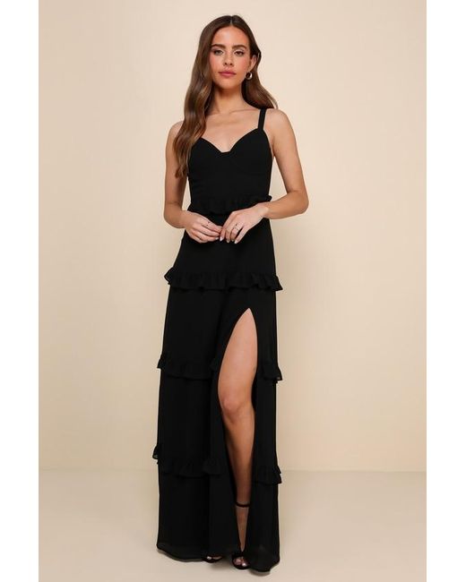 Lulus Black Sincerely Poised Backless Bustier Tiered Maxi Dress