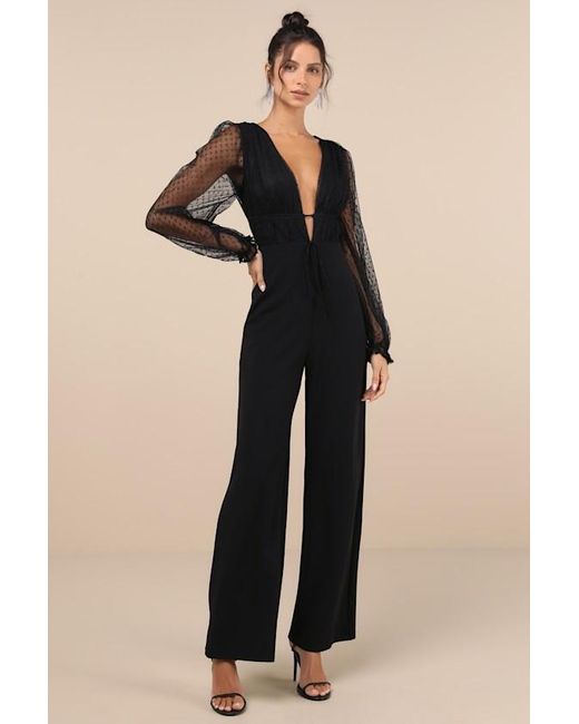 Lulus Black Sweet Twist Swiss Dot Tulle Long Sleeve Jumpsuit