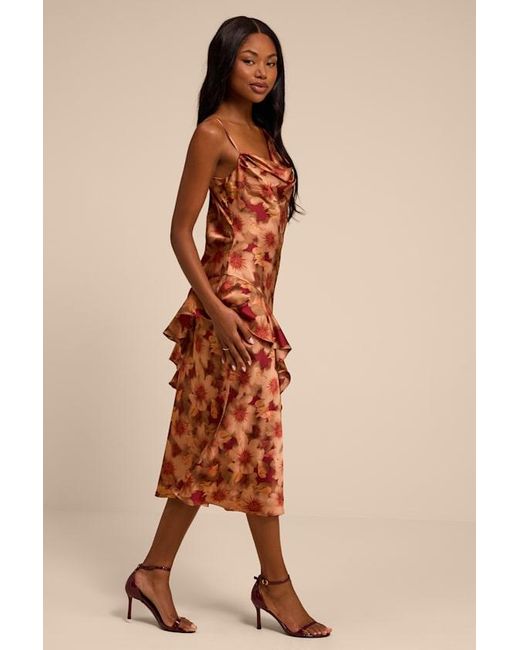 Lulus Natural Roxanne Rust Multi Floral Satin Asymmetrical Midi Dress