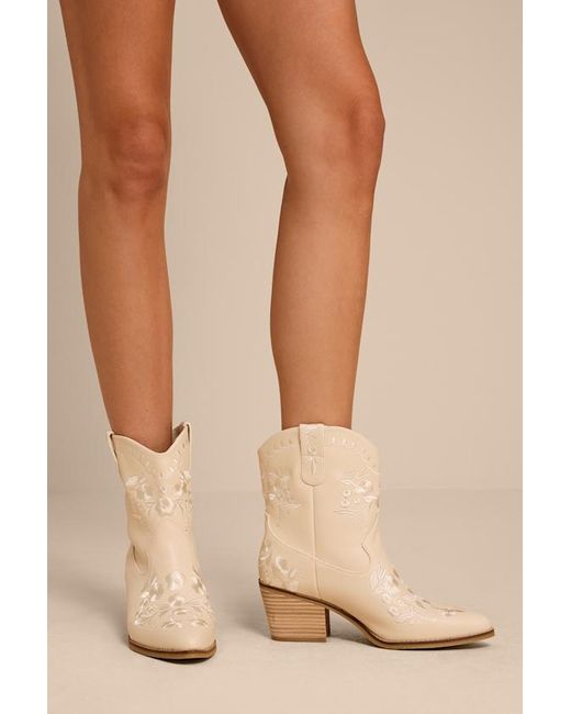 MIA Natural Calico Embroidered Western Ankle Booties