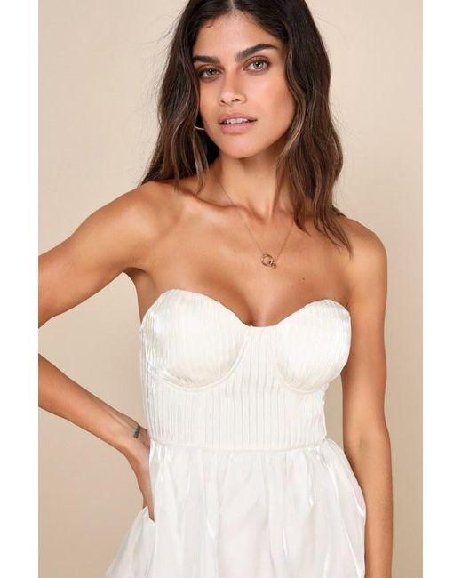 Lulus Natural Com-Pleat-Ly Charming Organza Tiered Strapless Midi Dress