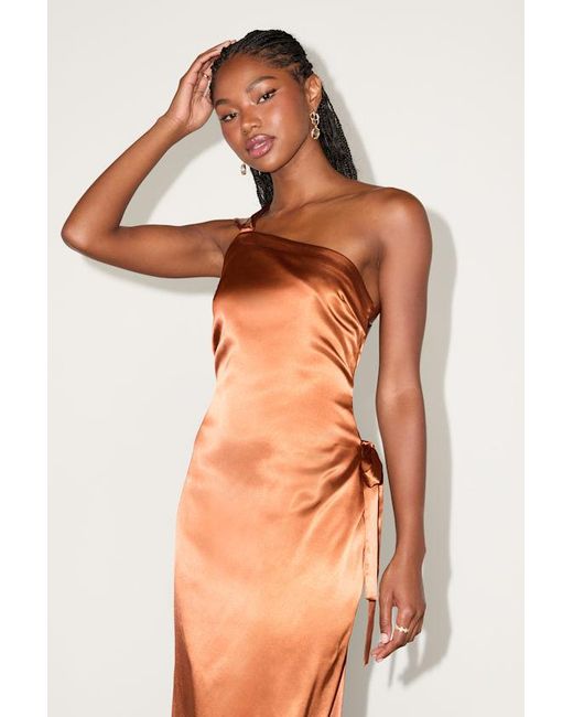Lulus Orange Yvonne Satin One-Shoulder Midi Dress
