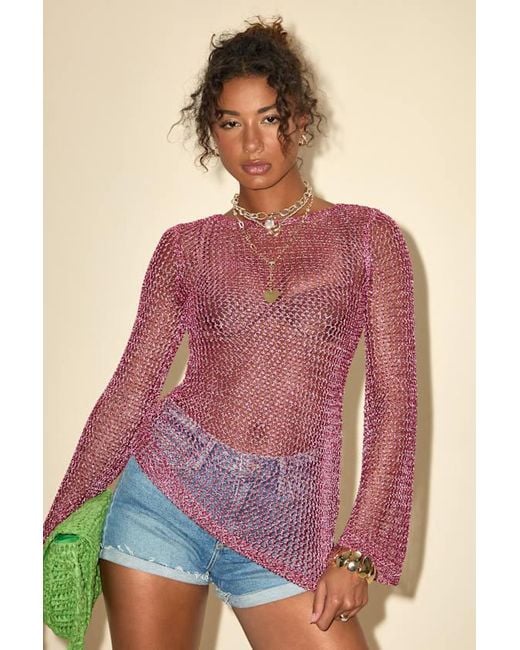 Lulus Purple Kahele Shiny Sheer Open-Knit Long Sleeve Tunic Top