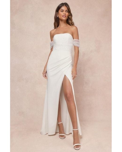 Lulus Natural Profound Glamour Pearl Off-The-Shoulder Tulip Maxi Dress