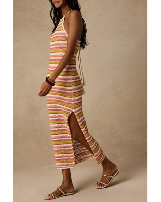 Lulus Orange Nalani Multi Striped Crochet Halter Midi Dress
