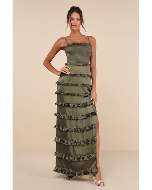 Lulus Natural Sincerely Fabulous Satin Smocked Ruffled Maxi Dress