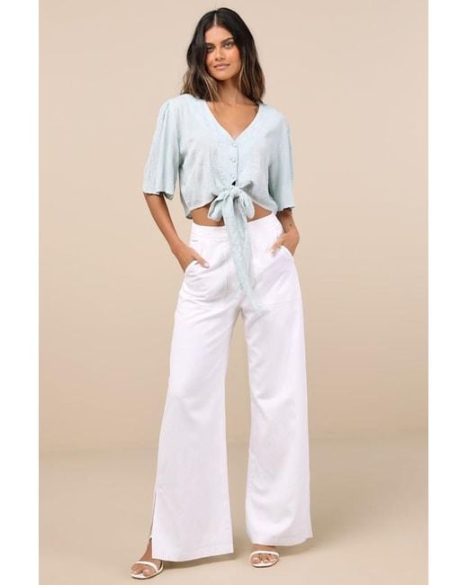 Lulus Blue Delightful Darling Mint Floral Embroidered Tie-Front Crop Top