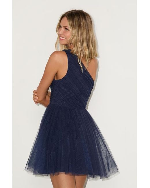 Lulus Blue Exceptional Moments Swiss Dot One-Shoulder Mini Dress