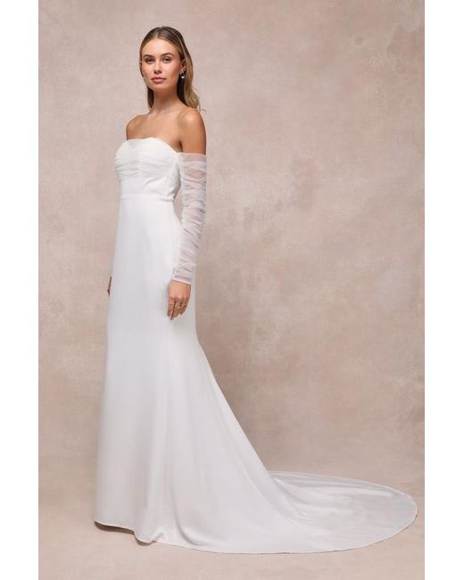 Lulus Natural Eternal Bliss Tulle Off-The-Shoulder Bustier Maxi Dress