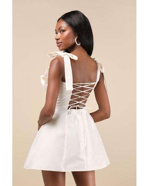 Lulus Natural Glamorous Luxury Taffeta Bow Lace-Up Mini Dress