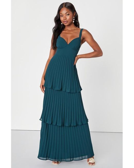Lulus Blue Luxe Perfection Pleated Tiered Backless Maxi Dress