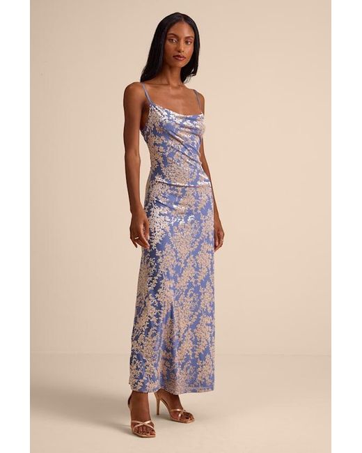 Lulus Blue Jessica Periwinkle Velvet Jacquard Cowl Neck Maxi Dress