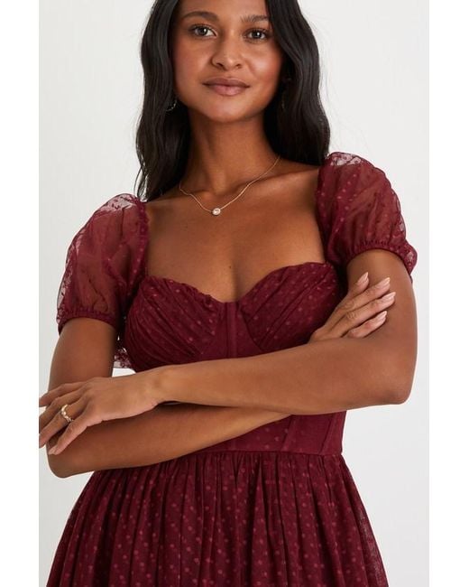 Lulus Sweet Amor Tulle Swiss Dot Tiered Bustier Midi Dress