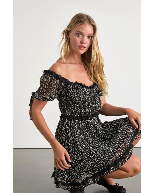 Lulus Black Adoring Moment Floral Lace Ruffled Puff Sleeve Mini Dress