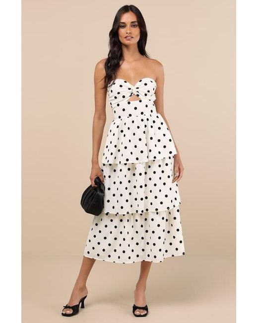 Lulus Natural Modie Polka Dot Twist-Front Lace-Up Midi Dress