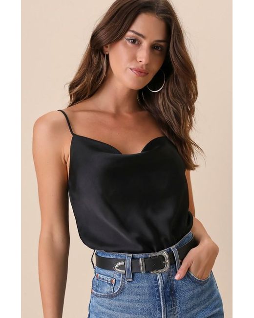 Lulus Black Emmerson Satin Sleeveless Cowl Neck Bodysuit