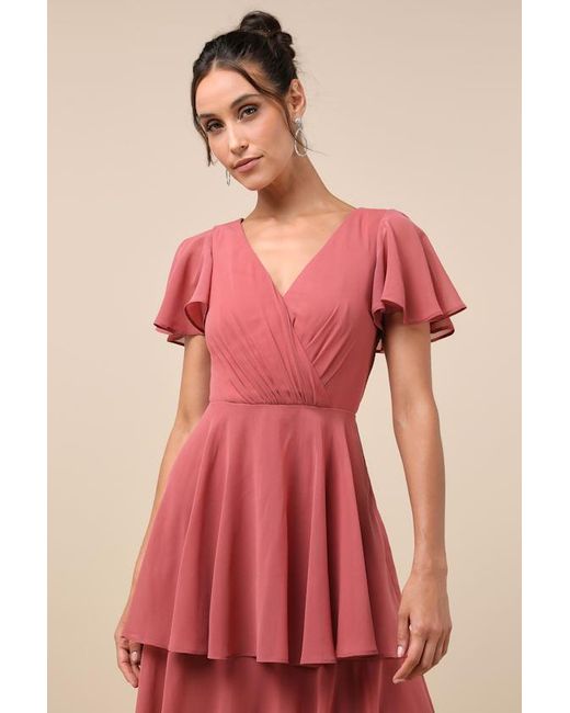 Lulus Sincerely Exquisite Rusty Rose Short Sleeve Tiered Maxi Dress