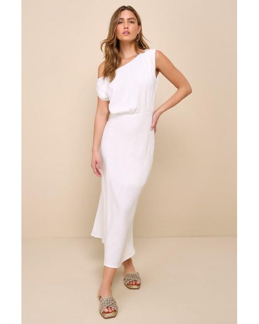 Lulus Casual Enchantment Linen Off The Shoulder Midi Dress in Natural Lyst UK