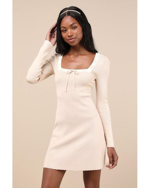 Lulus Natural Definitely Sweet Scalloped Long Sleeve Mini Sweater Dress
