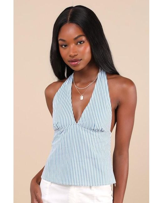 Motel Blue Nandu Striped Cotton Poplin Halter Top
