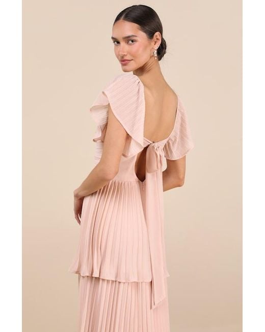 Lulus Natural Notorious Charm Blush Pleated Flutter Sleeve Maxi Dress