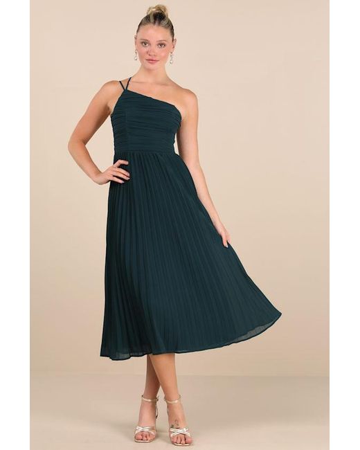 Lulus Blue Wondrous Muse Emerald Pleated One-Shoulder Midi Dress