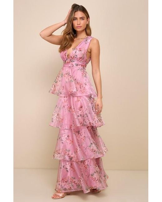 Lulus Pink Garden Radiance Floral Print Organza Tiered Maxi Dress
