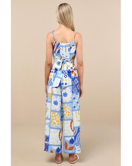 Lulus Blue Bold Extravagance Multi Print Sleeveless Wide-Leg Jumpsuit