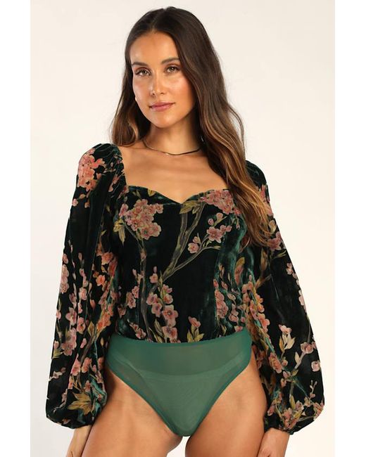 Lulus Black Luxe Romance Emerald Velvet Floral Burnout Long Sleeve Bodysuit