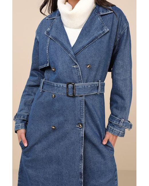 Lulus Blue Trendsetting Weather Medium Wash Denim Trench Coat