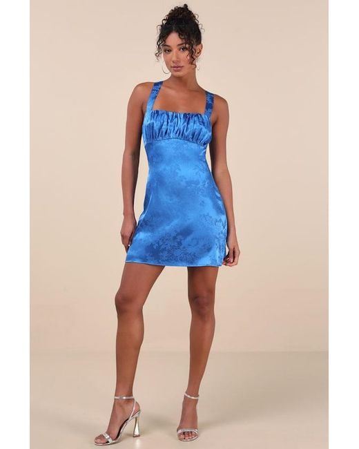 Lulus Blue Exquisite Outlook Floral Jacquard Satin Lace-Up Mini Dress