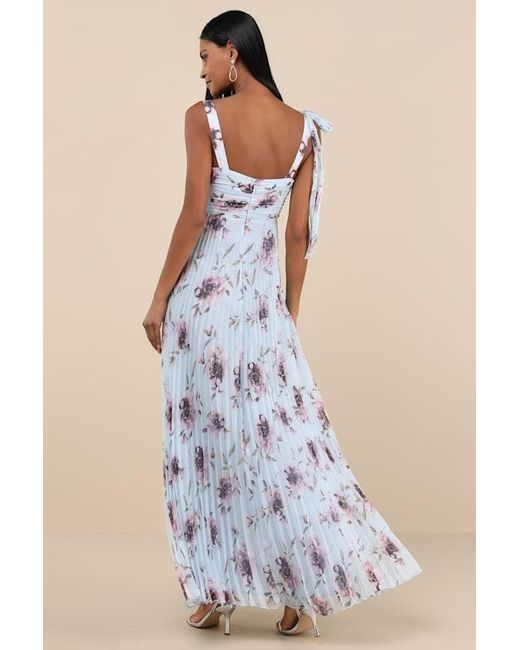 Lulus Blue Gorgeous Purpose Floral Pleated Sleeveless Bow Maxi Dress
