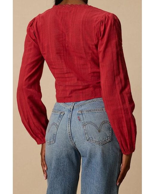 Lulus Red Keyra Button-Front Balloon Sleeve Crop Top