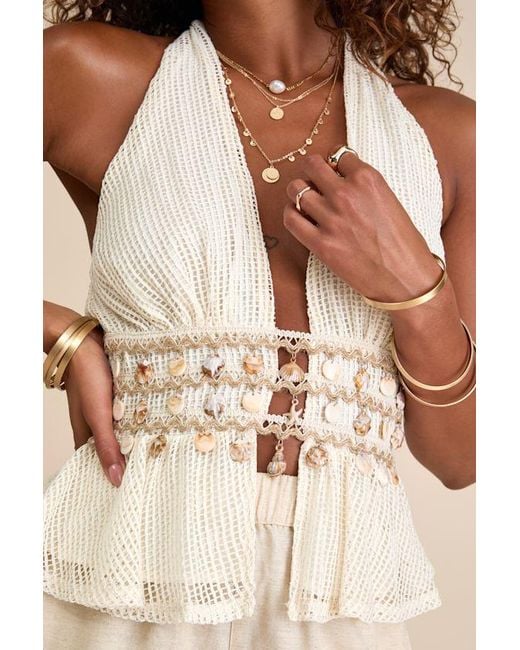 Lulus Natural Dione Cream Crochet Halter Seashell Charm Tank Top