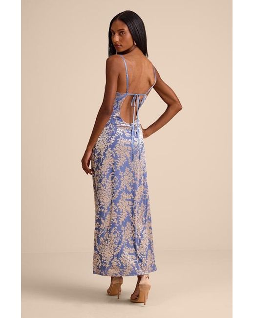 Lulus Blue Jessica Periwinkle Velvet Jacquard Cowl Neck Maxi Dress