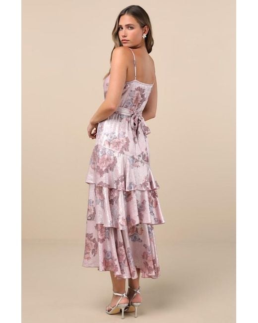 Lulus Pink Seraphelle Floral Satin Surplice Tiered Midi Dress